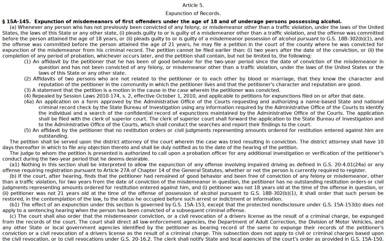 Walstonburg criminal history and North Carolina expunction statutes